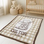 Personlig Western Cowboy Boots and Hat Plaid Mykt babyteppe med navn og dusker Bursdag Baby Shower Gave til nyfødte nybakte foreldre