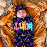 Personlig pumpa spindelväv spindelväv swaddle och knutmössa set med namn Halloween Baby Shower Födelsedagspresent för nyfödda