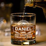 Personalised  Aged to Perfection 10 oz Old Fashioned Rock Whiskey Glass with Name Year and Age Anniversary Birthday Gift for Men Whiskey Lovers