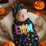 Personlig pumpa spindelväv spindelväv swaddle och knutmössa set med namn Halloween Baby Shower Födelsedagspresent för nyfödda