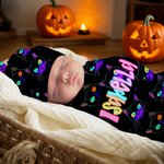 Personlig pumpa spindelväv spindelväv swaddle och knutmössa set med namn Halloween Baby Shower Födelsedagspresent för nyfödda