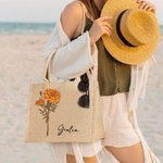 Borsa tote personalizzata in iuta con fiore di nascita e nome festa della mamma regalo ideale per  compleanno e matrimonio per donne
