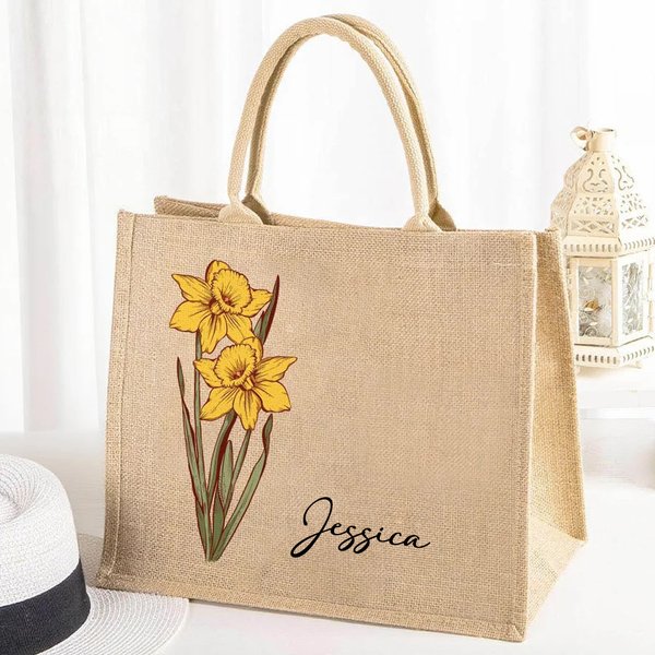 Borsa tote personalizzata in iuta con fiore di nascita e nome festa della mamma regalo ideale per  compleanno e matrimonio per donne