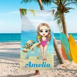 Personalisierte Cartoon-Charakter überdimensioniert schnell trocknen Strandtuch mit Namen und Strohhut Initial Sommer Essentials Geburtstagsgeschenk für Familienmitglieder 1