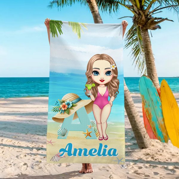 Personalisierte Cartoon-Charakter überdimensioniert schnell trocknen Strandtuch mit Namen und Strohhut Initial Sommer Essentials Geburtstagsgeschenk für Familienmitglieder