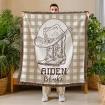 Personlig Western Cowboy Boots and Hat Plaid Mykt babyteppe med navn og dusker Bursdag Baby Shower Gave til nyfødte nybakte foreldre