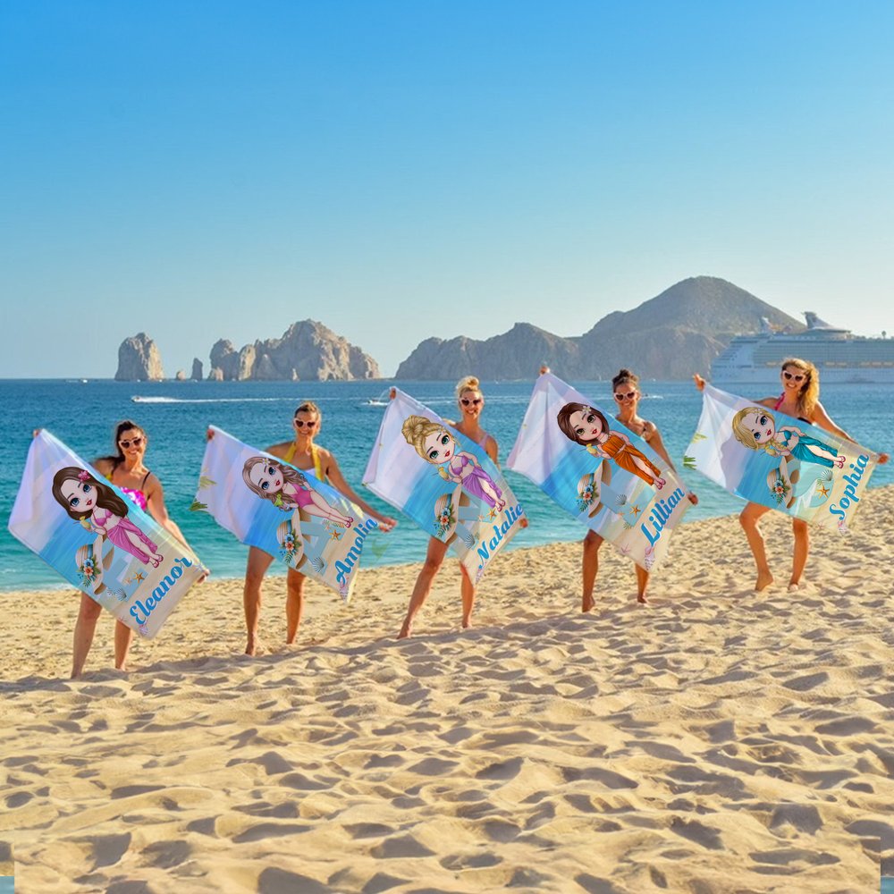Personalisierte Cartoon-Charakter überdimensioniert schnell trocknen Strandtuch mit Namen und Strohhut Initial Sommer Essentials Geburtstagsgeschenk für Familienmitglieder 4