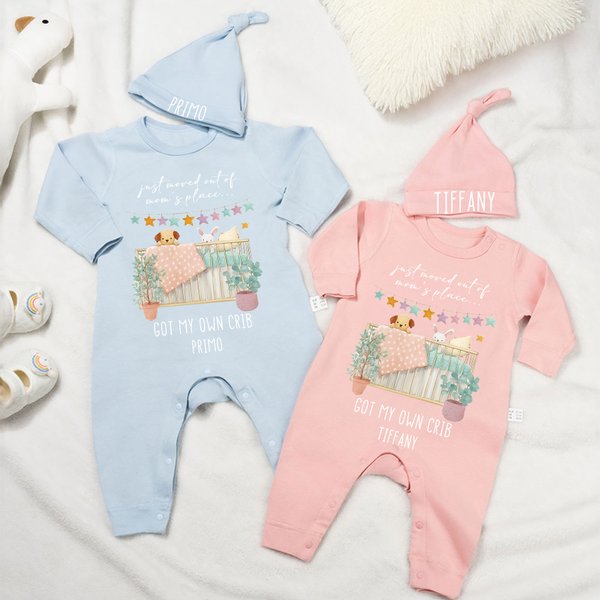 Personalised Watercolour Style Crib 100% Cotton Baby Romper Hat Set with Name Baby Shower Gift for Newborn New Parents