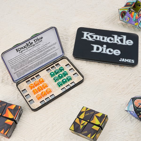 Personalized Portable 2 Players Knuckle Dice Board Game with 18 Dices and Name Tin Box Birthday Travel Camping Gift for Travelers Knuckle Dice Lovers