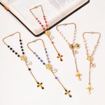 Personalized 1-2 Photos Jesus Cross Dainty Rosary Car Hanging Ornament with Heart Initial Car Accessories Birthday Gift for Catholicism Car Owner
