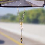 Personalized 1-2 Photos Jesus Cross Dainty Rosary Car Hanging Ornament with Heart Initial Car Accessories Birthday Gift for Catholicism Car Owner