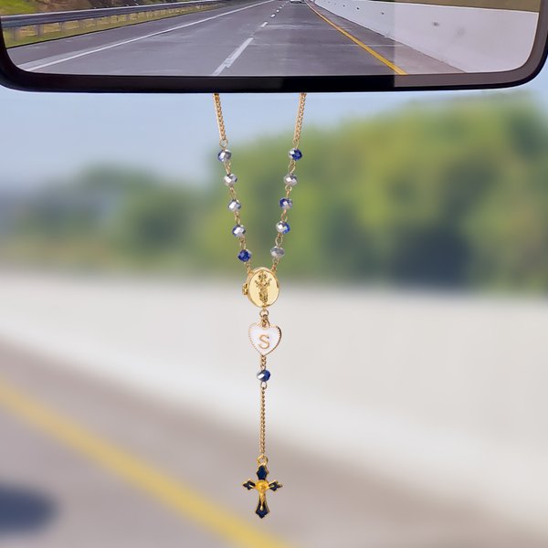 Personalised 1-2 Photos Jesus Cross Dainty Rosary Car Hanging Ornament with Heart Initial Car Accessories Birthday Gift for Catholicism Car Owner