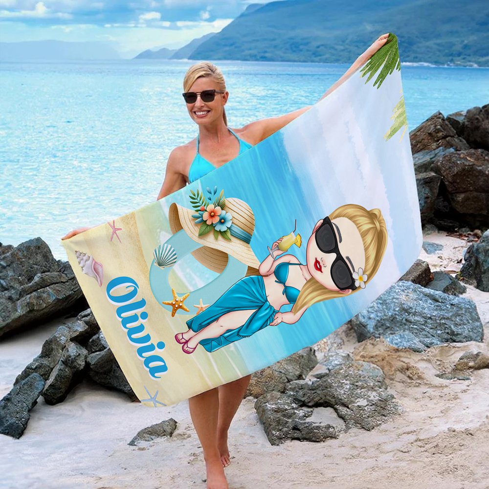 Personalisierte Cartoon-Charakter überdimensioniert schnell trocknen Strandtuch mit Namen und Strohhut Initial Sommer Essentials Geburtstagsgeschenk für Familienmitglieder 7