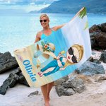 Personalisierte Cartoon-Charakter überdimensioniert schnell trocknen Strandtuch mit Namen und Strohhut Initial Sommer Essentials Geburtstagsgeschenk für Familienmitglieder 7