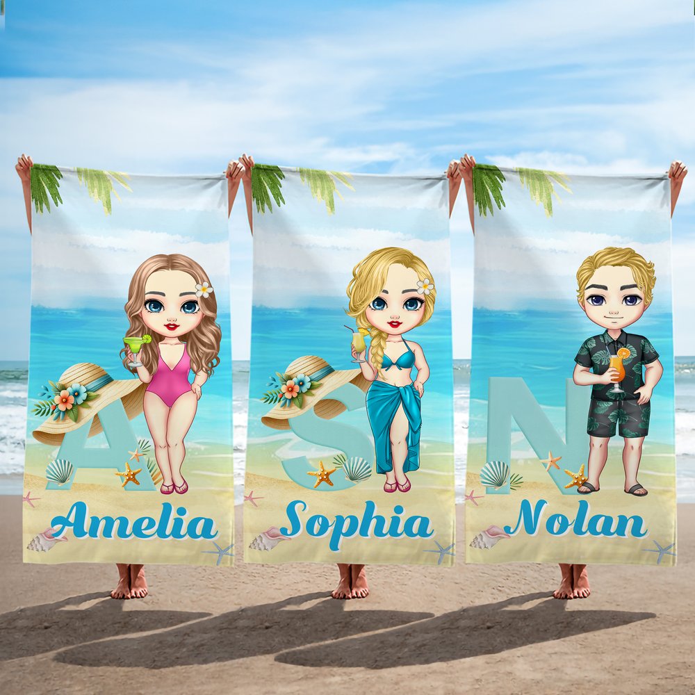 Personalisierte Cartoon-Charakter überdimensioniert schnell trocknen Strandtuch mit Namen und Strohhut Initial Sommer Essentials Geburtstagsgeschenk für Familienmitglieder 2