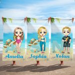 Personalisierte Cartoon-Charakter überdimensioniert schnell trocknen Strandtuch mit Namen und Strohhut Initial Sommer Essentials Geburtstagsgeschenk für Familienmitglieder 2