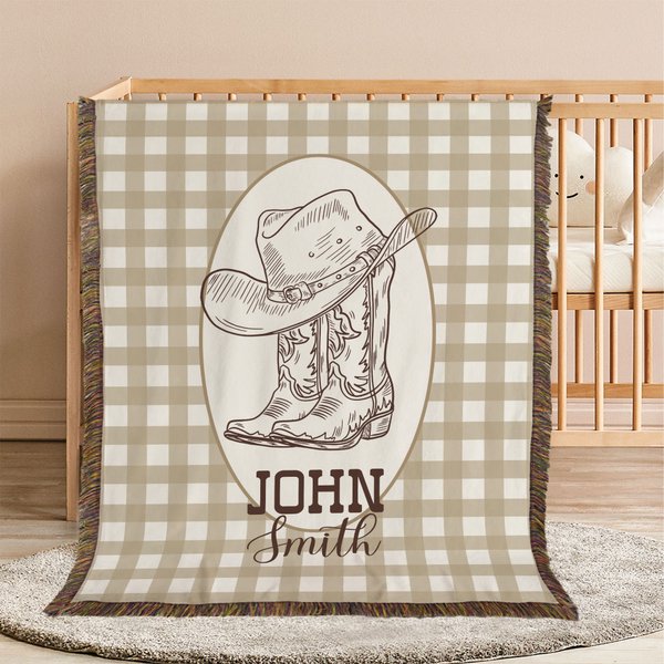 Personalised Western Cowboy Boots and Hat Plaid Soft Baby Blanket with Name and Tassels Birthday Baby Shower Gift for Newborns New Parents