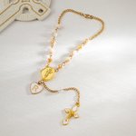Personalized 1-2 Photos Jesus Cross Dainty Rosary Car Hanging Ornament with Heart Initial Car Accessories Birthday Gift for Catholicism Car Owner