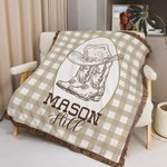 Personlig Western Cowboy Boots and Hat Plaid Mykt babyteppe med navn og dusker Bursdag Baby Shower Gave til nyfødte nybakte foreldre
