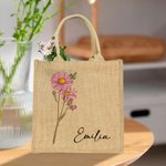 Borsa tote personalizzata in iuta con fiore di nascita e nome festa della mamma regalo ideale per  compleanno e matrimonio per donne