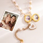 Personalized 1-2 Photos Jesus Cross Dainty Rosary Car Hanging Ornament with Heart Initial Car Accessories Birthday Gift for Catholicism Car Owner