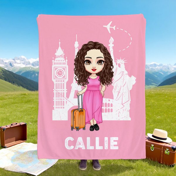 Personalized Cartoon Travel Character Multicolor Soft Throw Blanket with Name Home Decor Birthday Anniversary Travel Gift for Adventure Lovers