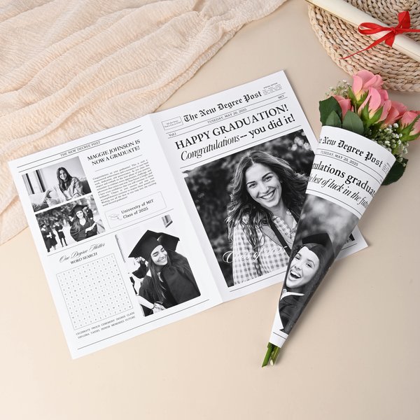 Personalized Graduation Newspaper Vintage Wrapping Paper with Text and Photo for Flower Bouquet Graduation Gift for High School College Graduates