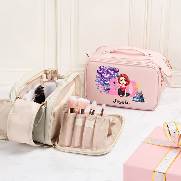Personalisierte Geburtstagstorte Ballon Cartoon Mädchen PU Leder Kosmetiktasche mit Namen Alter und Griff Geburtstag Jahrestag Geschenk für Mädchen Frauen
