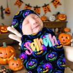 Personlig pumpa spindelväv spindelväv swaddle och knutmössa set med namn Halloween Baby Shower Födelsedagspresent för nyfödda