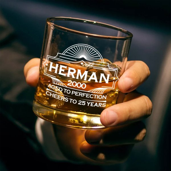 Personalised  Aged to Perfection 10 oz Old Fashioned Rock Whiskey Glass with Name Year and Age Anniversary Birthday Gift for Men Whiskey Lovers