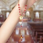 Personalized 1-2 Photos Jesus Cross Dainty Rosary Car Hanging Ornament with Heart Initial Car Accessories Birthday Gift for Catholicism Car Owner