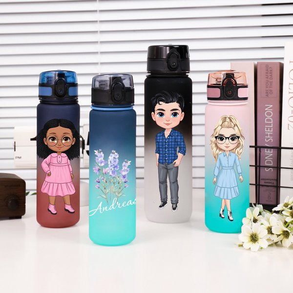 Personalisierte niedlichen Cartoon-Charakter Geburt Blume Ball Name Sport Wasserflasche mit Strohhalm und Spill-Proof-Deckel Geburtstag zurück zu Schule Geschenk für Familie