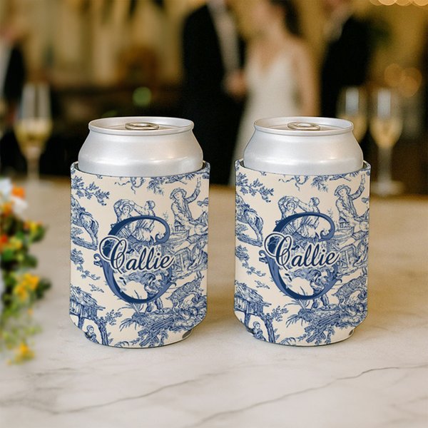 Personalised Retro Style French Print Toile De Jouy Insulated Beer Can Cooler Sleeve with Name and Initial Party Wedding Gift for Bride Bridesmaids