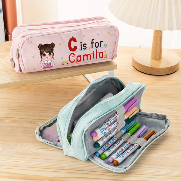 Personalized Cute Cartoon Kid Pencil Apple Notebook Initial Three-Layer Pencil Case with Name School Supply Back to School Gift for Boys Girls