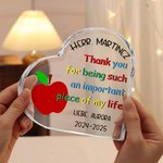 Personalisierte Herzförmige Acryl-Tafel mit Blume Bleistift Apfel Namen Text und Datum Schulanfang Dankeschön Geschenk für Lehrkräfte