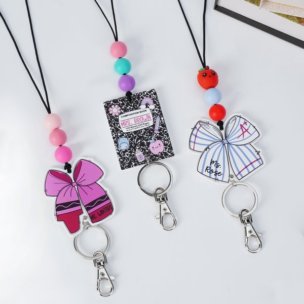 Personalised Notebook Paper Crayon Bow Beads Badge Lanyard with Text Teacher's Day Appreciation Back to School Gift for Teachers Educators
