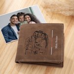 Gepersonaliseerde Leren Portemonnee met Gegraveerde Foto's Vaderdag Cadeau voor Papa Opa