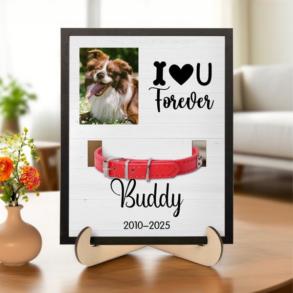 Spersonalizowana drewniana ramka na obrożę I Love You Forever ze zdjęciem zwierzaka, podstawą i imieniem Utrata zwierzaka Pamiątkowy prezent dla miłośników zwierząt