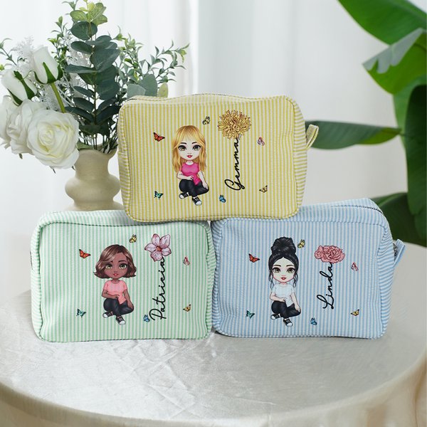 Personalized Birth Flower Cartoon Character Multicolor Stripes Makeup Bag with Name and Zipper Travel Essentials Birthday Gift for Women