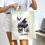Personalised Birth Flower Piano Reusable Canvas Bag with Name Annual Anniversary Birthday Gift for Women Music Lovers