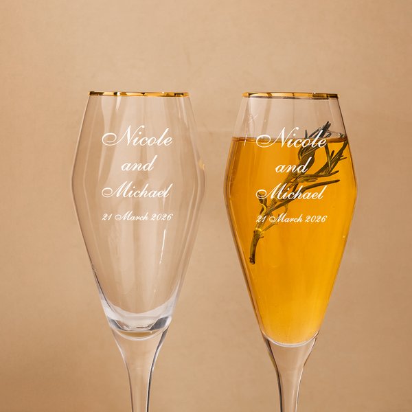 Personalized Engraved Monogram Design Gold Rim Champagne Tulip Glasses Set of 2 Engagement Wedding Anniversary Gift for Newlyweds Couple