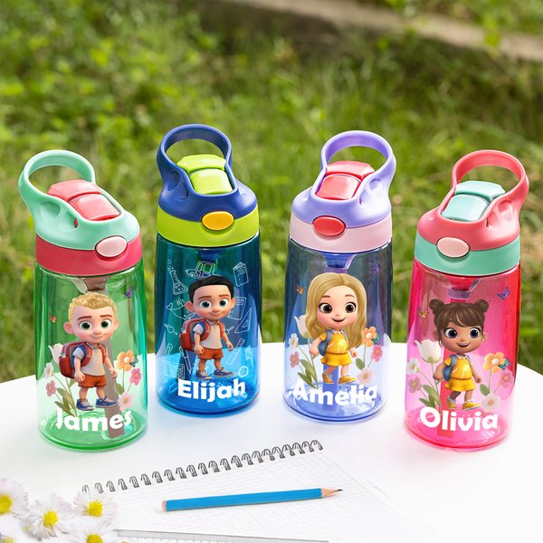 Personalized Cute Cartoon Flower Butterfly Stationery 16 oz Kid Water Bottle with Name Outdoor Activities Birthday Back to School Gift for Boys Girls