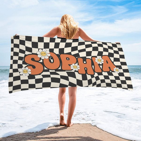 Personalized Groovy Checkered Daisy Quick Dry Oversized Beach Towel with Name Summer Vacation Birthday Gift for Women