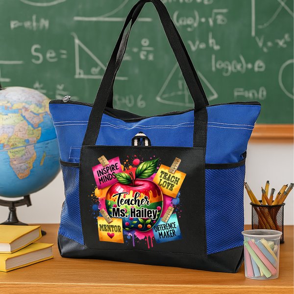 Bolsa de asas personalizada con nombre y bolsillo de malla para el día del profesor Regalo para el día del profesor para mujeres profesoras