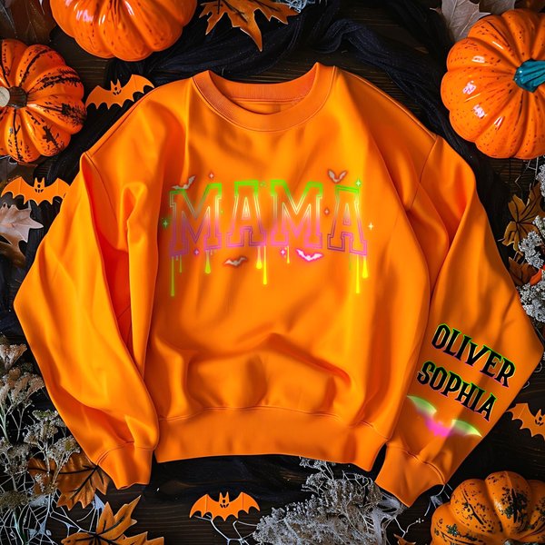 Personalised Neon Effect Bat Star Element Sweatshirt with Title and 1-6 Names Multicolour Available Halloween Costume Holiday Gift for Mom Grandma