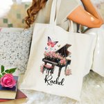 Personalised Birth Flower Piano Reusable Canvas Bag with Name Annual Anniversary Birthday Gift for Women Music Lovers