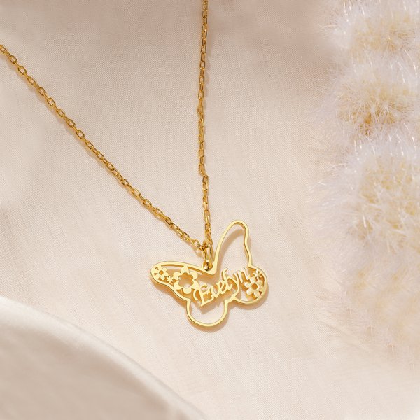 Personalised Butterfly Flower Necklace with Name Minimalist Jewellery Birthday Anniversary Gift for Women