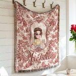 Spersonalizowany koc Toile De Jouy Cartoon Character Tassel z frędzlami z imieniem i nazwiskiem Prezent ślubny, urodzinowy, rocznicowy dla kobiet i dziewcząt