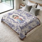 Spersonalizowany koc Toile De Jouy Cartoon Character Tassel z frędzlami z imieniem i nazwiskiem Prezent ślubny, urodzinowy, rocznicowy dla kobiet i dziewcząt