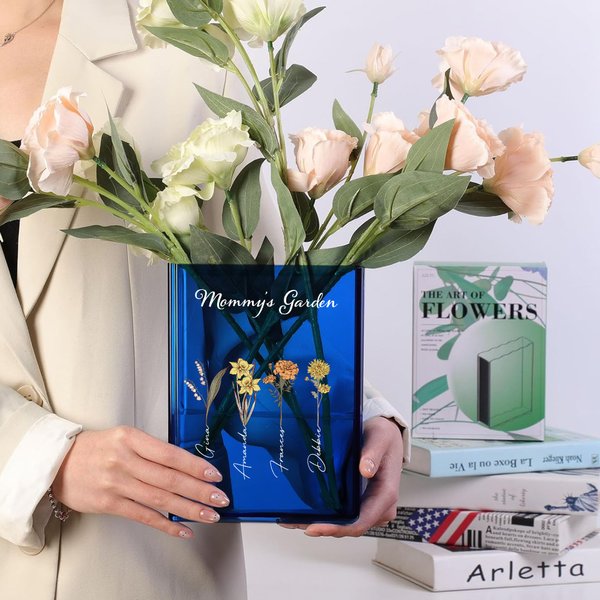 Personalized 1-10 Birth Flowers Clear Book Vase with Name and Title Bookshelf Room Decor Birthday Gift for Mother Grandmother Book Lovers